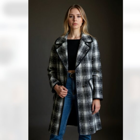 NWT  Avec Les Filles Plaid Tweed Double-Breasted Coat Black Multi WOOL - Picture 1 of 14